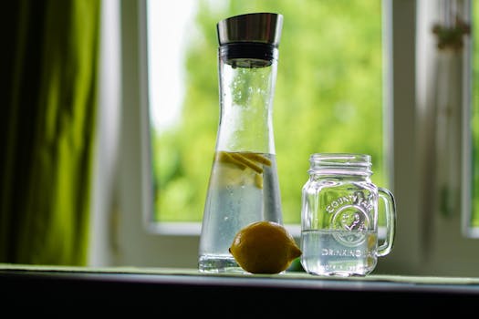 lemon-water-refreshment-fruit-juice-162783-162783 Lemon-infused water in a glass carafe and mason jar on a windowsill, evoking freshness.