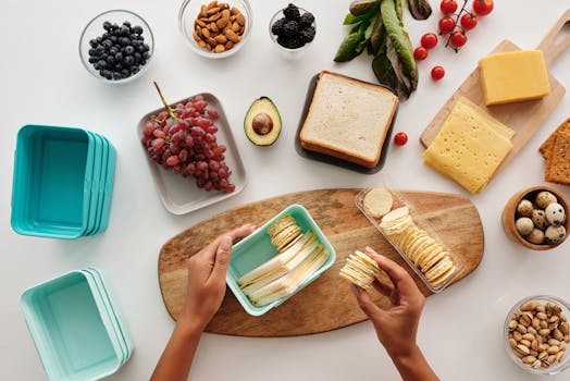 pexels-photo-5971867-5971867 Top view of preparing a healthy lunch with fruits, cheese, and crackers, showcasing fresh ingredients and a vibrant lifestyle.