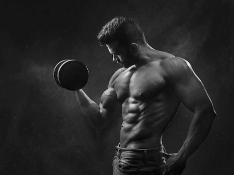 pexels-photo-1229356-1229356 Powerful black and white portrait of a shirtless bodybuilder lifting dumbbells in the gym.