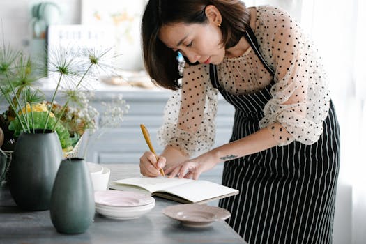 pexels-photo-8715602-8715602 Focused woman in apron writing recipes in a cookbook in a stylish kitchen.